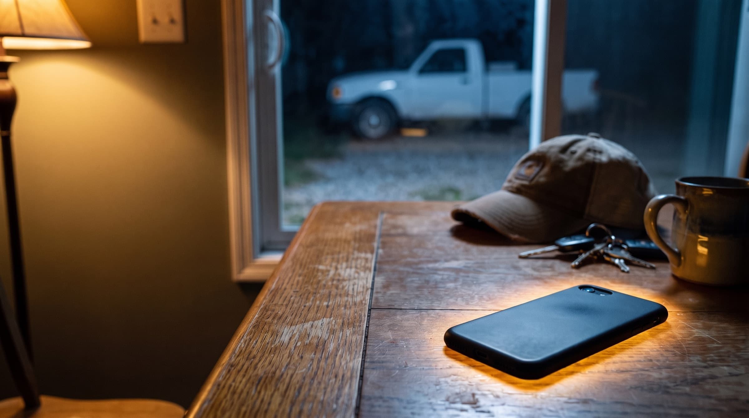 A contractor's kitchen table in the evening: a phone lying face-down and glowing warm, beside a work cap, keys and a mug, with the work truck parked outside.